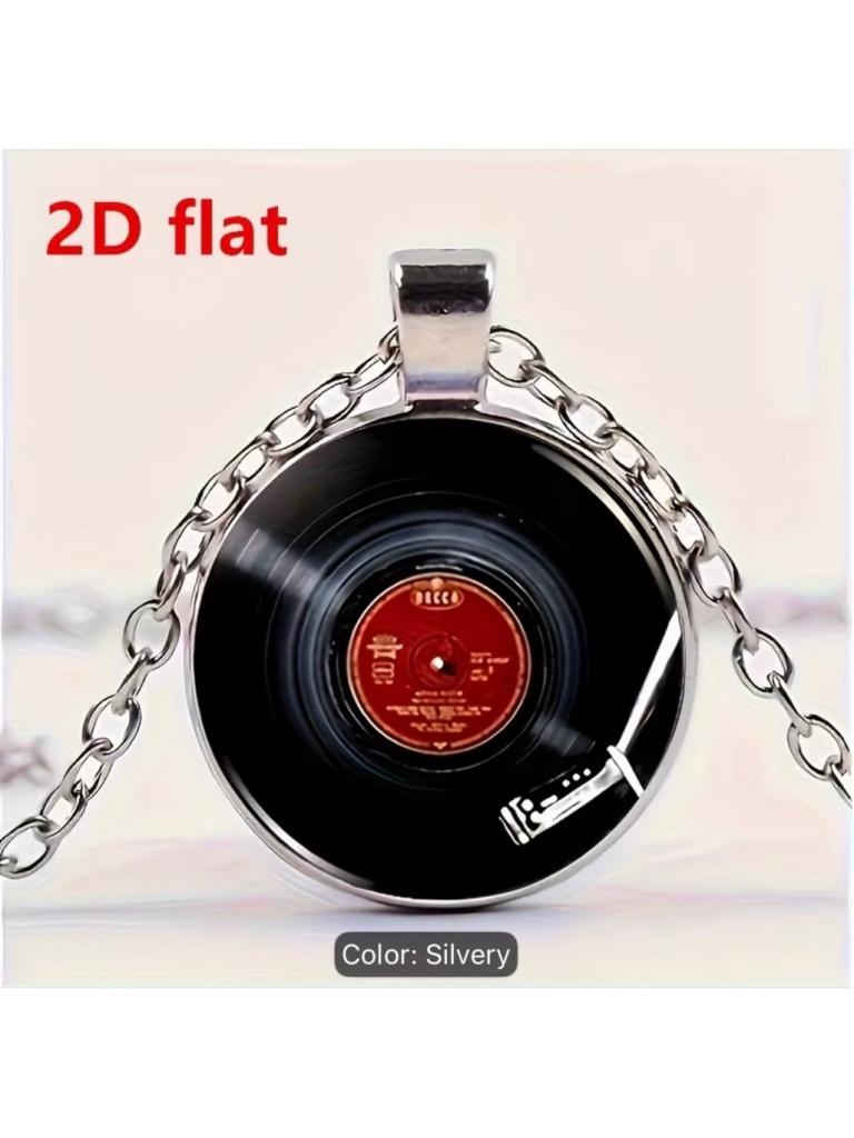 Vinyl Record Player Silver  Black Pendant Necklace  Brand New